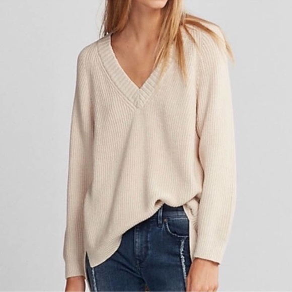 Express Sweaters - Express Oversized Boyfriend V Neck Sweater Cream XXS